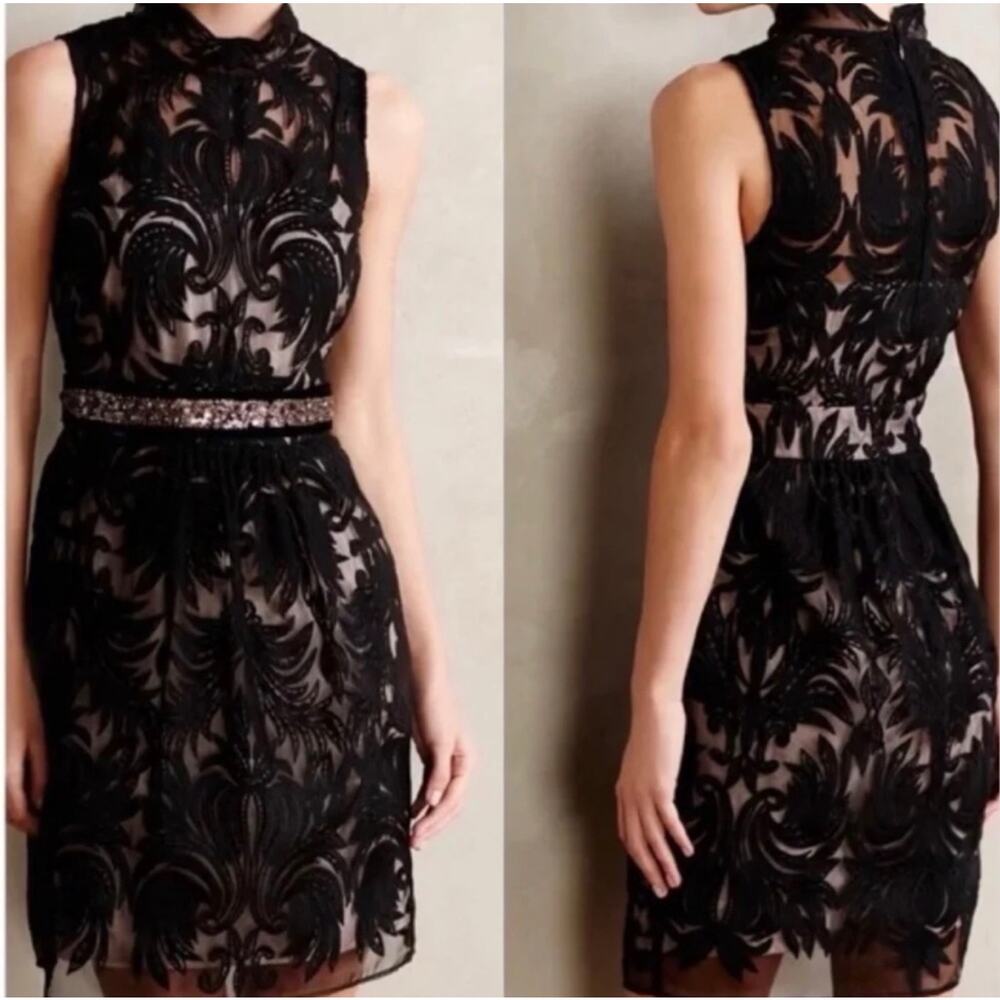 Baraschi Anthropologie Black Lace Embroidered Nude Cocktail Evening Dress 6